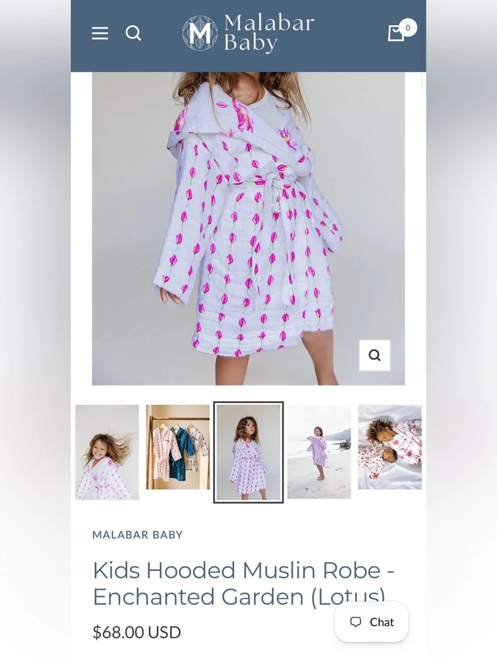 Kids MALABARBABY Hooded Bath Robe in White with tulips and water lilies